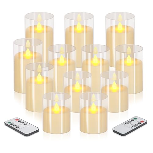 wemarry Flameless Candles 4" 5" 6" Acrylic Glass Pillars 3" Diameter Battery Operated Flickering Candles Include 8-Key Remote with Timer Function 400+ Hours (Pure White, Warm Light 12 Pack) - color: Pure White, size: Warm Light 12 Pack