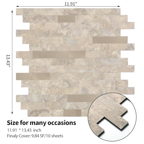 Yipscazo 10 Sheets Peel and Stick Stone Metal Tile Backsplash, Stick on Tiles for Backsplash Kitchen, Bathroom, Laundry Room, Camper, Fireplace (12'' X 12'', Beige Stone with Gold Metal) - color: Beige Stone with Gold Metal