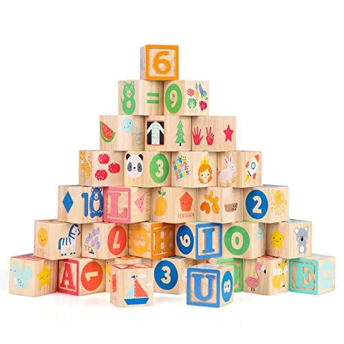 Wooden Building Blocks for Toddlers 1-3, Large Wood Baby Stacking Blocks Set for Kids, 30 PCS Alphabet Blocks with Toy Wagon, Educational Wooden Toys for Boys Girls Gifts 1.65" - style: 30 abc blocks cart