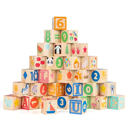 Wooden Building Blocks for Toddlers 1-3, Large Wood Baby Stacking Blocks Set for Kids, 30 PCS Alphabet Blocks with Toy Wagon, Educational Wooden Toys for Boys Girls Gifts 1.65" - style: 30 abc blocks cart