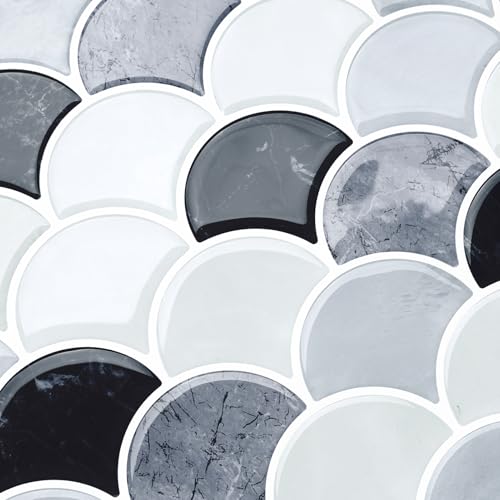 WESTICK 3D Textured Marble Peel and Stick Backsplash Heat Resistant Kitchen Backsplash Tiles Waterproof Shell Peel and Stick Wall Tiles for Bathroom Sink Camper Grey White Black 10 Sheet 12" x 12" - color: 10.black Grey