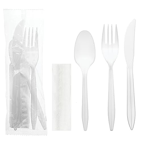 Party Essentials Individually Wrapped Plastic Cutlery Packets/Silverware Kits, White Fork/Spoon/Knife/Napkin, 100 Sets - color: White Fork/ Spoon/ Knife/ Napkin, size: 100 Sets