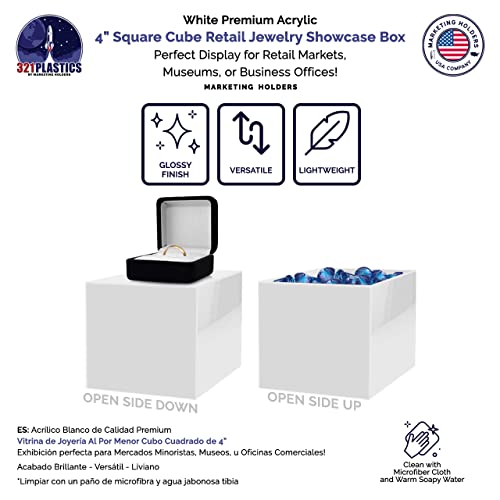 2 Pack 4" Acrylic Display Riser Box with One Open Side No Lid Versatile Glossy White Square Retail Merchandise Storage Bin or Product Platform No Assembly by Marketing Holders - size: 4"w x 4"h White
