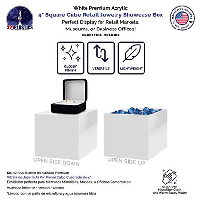 2 Pack 4" Acrylic Display Riser Box with One Open Side No Lid Versatile Glossy White Square Retail Merchandise Storage Bin or Product Platform No Assembly by Marketing Holders - size: 4"w x 4"h White