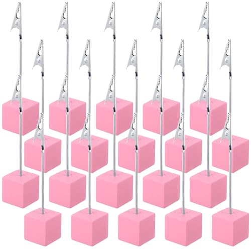 Gersoniel 20 Pcs Cube Base Memo Clip Holder with Alligator Clip Wood Table Number Holder Cube Base Place Card Stand Mini Photo Menu Stand for Displaying Number Card (Pink) - color: Pink