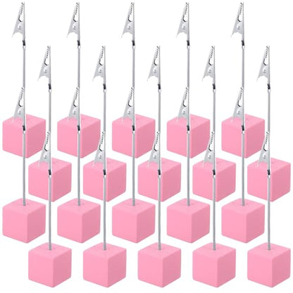 Gersoniel 20 Pcs Cube Base Memo Clip Holder with Alligator Clip Wood Table Number Holder Cube Base Place Card Stand Mini Photo Menu Stand for Displaying Number Card (Pink) - color: Pink
