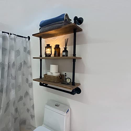 ROGMARS Industrial Pipe Shelving Bathroom Shelves with Towel bar, 24 in Rustic Floating Shelves Pipe Wall Shelf,3 Tier Wall Mounted Shelves with Hook - color: Rustic Brown, size: 24 inch 3 tier