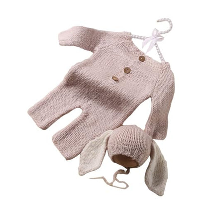 Newborn Baby Photo Shoot Props Girl Boy Crochet Knit Hat Costume Stripe Hat Pants Overalls Photography Props - color: Gray a