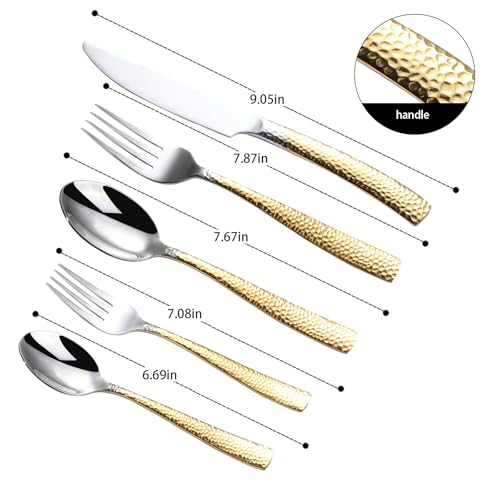 Hammered Silverware Set For 4,Forks and Spoons 18/10 Stainless Steel Heavy Duty Silverware Gold Cutlery Set 20 Piece Flatware Set,Mirror Polished,Dishwasher Safe (20 pcs gold) - color: 20pcs Gold