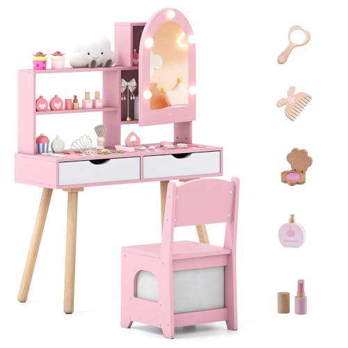 Costzon Kids Vanity with Lights, Girls Vanity Set with Mirror Cabinet, Storage Drawers, Hooks & Shelves, Toddler Makeup Vanity Desk Dressing Table, Wooden Kids Vanity Table and Chair Set (Pink) - style: Pink with Mirror Cabinet