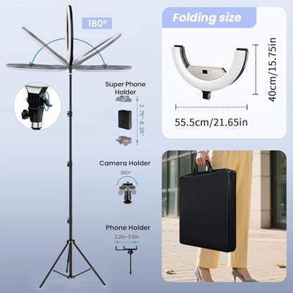 22" Foldable Large Ring Light with Stand for iPhone iPad,75" Tripod with Overhead Shooting Bracket 50W 6500K 4 Clips/LCD Display/2 USB PortsTattoo Barber Makeup Studio Video Photography Lighting - size: 22 inch Foldable with Tripod