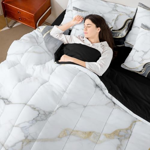 Erosebridal Grey Abstract Marble Bed in A Bag Black Gold Marbling 7 Piece Bedding Set Modern Aesthetic Metallic Texture Comforter Set with Sheets Marble Art Bed Set Full Size for Adults Men Women - color: Black Golden Grey, size: Full