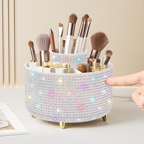 Diesisa Bling Diamond 360° Makeup Brush Holder Organizer, Rotating Makeup Brush Organizer,5 Slot Make up Brushes Cup for Cosmetics, Vanity Desktop Organizer, Gift for Women Teen Girls- Diamond White - color: Diamond White