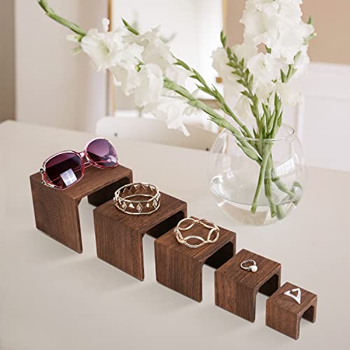 MOOCA 5-Piece Wooden Jewelry Display Risers - Multi-Function Retail Stands for Rings, Watches, Necklaces, Bracelets, and More - Various Heights, Brown Color - color: Brown N Shape, 5 Pieces