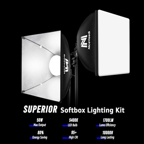 Softbox Lighting Kit, NiceVeedi 16'' x 16'' Softbox Photography Lighting Kit with 63” Tripod Stand & 5400K 450W Equivalent LED Bulb, Continuous Lighting for Photography/Video Record/Live Streaming - color: 50W-1 Pack