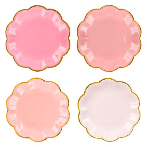 AimFun 48 Pcs Pink Party Plates Gradient Pink Dessert Paper Plates 7inch Gold Foil Scalloped Edge Disposable Cake Plates for Mothers Day Birthday Bridal Baby Shower Wedding Party Supplies - color: Pink