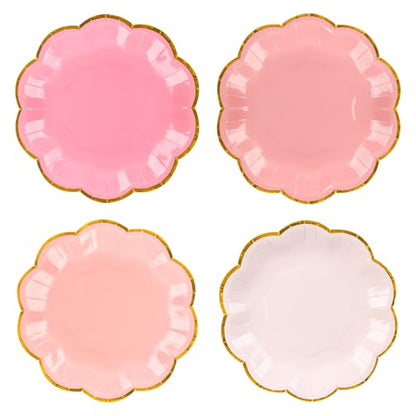 AimFun 48 Pcs Pink Party Plates Gradient Pink Dessert Paper Plates 7inch Gold Foil Scalloped Edge Disposable Cake Plates for Mothers Day Birthday Bridal Baby Shower Wedding Party Supplies - color: Pink