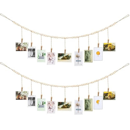 Jetec 2 Pieces Photo String with Clips, 4 Ft Boho Wooden Bead Garland Photo Display Frame for Dorm Room Bedroom Classroom Cubicle Decor, Hanging Picture Holder, Teacher Nurse Appreciation Gifts