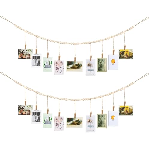 Jetec 2 Pieces Photo String with Clips, 4 Ft Boho Wooden Bead Garland Photo Display Frame for Dorm Room Bedroom Classroom Cubicle Decor, Hanging Picture Holder, Teacher Nurse Appreciation Gifts