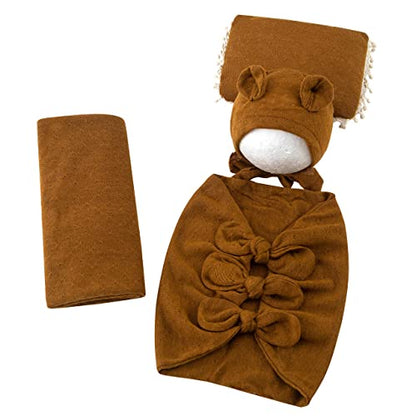 Newborn Baby Boy Girl Photography Props Bow Wrap, Posing Aid, Hat and Blanket Set of 4 Pcs - color: Ginger Yellow