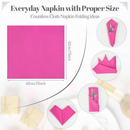 PLOYMONO Fuchsia Heavy Duty Cloth Napkins - 17 x 17 Inch Solid Washable Polyester Dinner Napkins - Set of 8 Napkins with Hemmed Edges - Great for Weddings, Parties, Banquet, Spring, Mother's Day - color: Fuchsia
