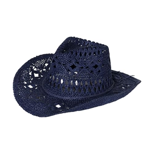 Straw Cowboy Hats Ventilated Hollow Round Foldable Sun Hats for Women Summer Western Cowgirl Beach Hat Photo Prop - color: Navy Blue