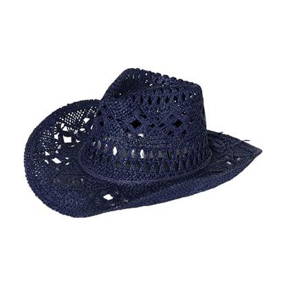 Straw Cowboy Hats Ventilated Hollow Round Foldable Sun Hats for Women Summer Western Cowgirl Beach Hat Photo Prop - color: Navy Blue
