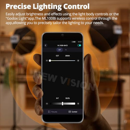 Godox ML100Bi 120W Bi-Color LED Video Light with 60cm Softbox Kit, CRI97+ & TLCI98+ 34300 Lux APP Control, 2800K-6500K, USB-C, 11 FX Effects for YouTube Filming, Live Streaming, Photography
