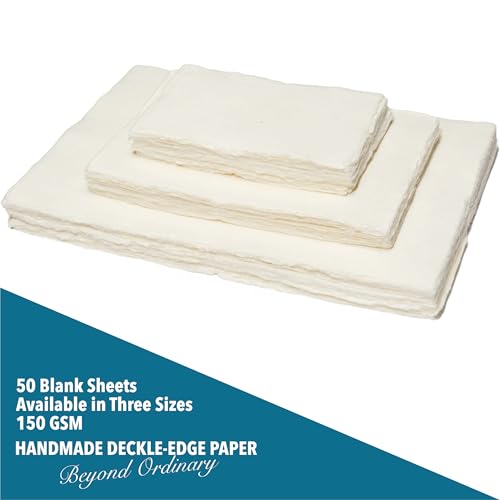 Wanderings Handmade A5 Cream Mixed Media Paper with Deckle Edge - 5.8x8.3-150 GSM - Cold Press Textured Paper Made with Recycled Cotton for Invitations, Crafts, Writers, Watercolor - 50 Sheets - color: Cream, size: A5