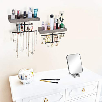 Keebofly Hanging Wall Mounted Jewelry Organizer with Rustic Wood Jewelry Holder Display for Necklaces Bracelet Earrings Ring Set of 2 Weathered Grey,[Patented] - color: Weathered Grey