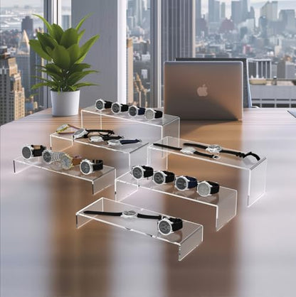6 PCs Risers Display Stands 3 Tiers Desktop Acrylic Shelves Cake Dessert Holder Products Stand for Collectibles Shoes Jewels Pop Figure (Clear12inch) - color: Clear 12 Inch 6 PCs