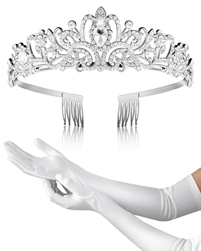 Princess Tiara Crown with Satin Gloves Set Crystal Headpiece for Graduation Prom and Party Photo Props - color: Silver, style: A