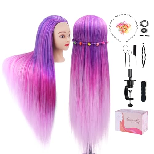 Mannequin Head with Hair, Beauty Star Doll Head for Styling, 29" Long Syntheic Hair Cosmetology Hairdressing Training Practice Manikin Head with Clamp Stand and Braiding Kit for Girls - color: Pink & Purple