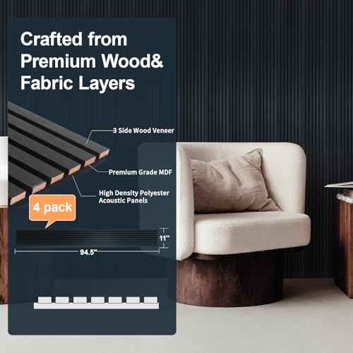 NeatiEase Wood Panels for Wall, 4-Piece 94.5" x 11" Soundproof Wood Slat Wall Panel for Interior Wall Decor Noise Cancelling, Acoustic Wall Panels, Sound Absorbing Panel (Black) - color: Black, size: 94.5" x 11"