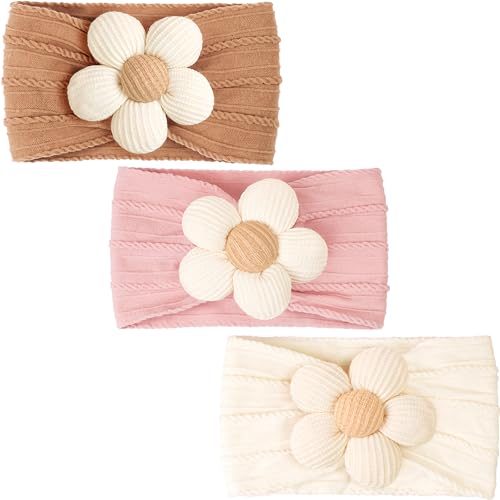 CÉLLOT Baby Flower Headbands Baby Girls Nylon Headbands Baby Essentials Stretchy Hairbands Handmade Hair Accessories for Newborn Infant Toddlers Kids (Pink,Brown,Beige) - color: Pink+Brown+Beige