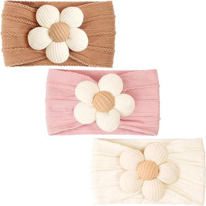 CÉLLOT Baby Flower Headbands Baby Girls Nylon Headbands Baby Essentials Stretchy Hairbands Handmade Hair Accessories for Newborn Infant Toddlers Kids (Pink,Brown,Beige) - color: Pink+Brown+Beige