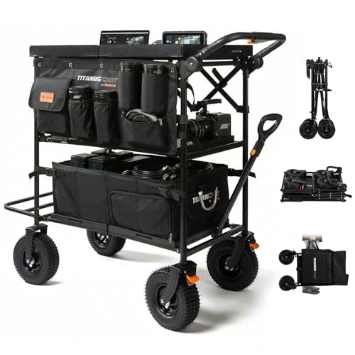 TARION Video Production Camera Cart - Foldable Photography Dolly with Inflatable Rubber Wheels and Wider Top Shelf - Heavy Duty Mobile Workstation with Storage Bins for Film Crew - Titanrig Cart Pro - style: Titanrig Cart - Pro