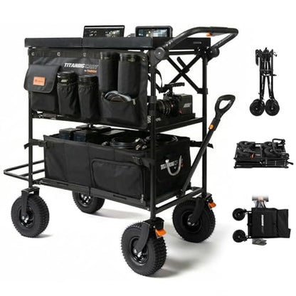 TARION Video Production Camera Cart - Foldable Photography Dolly with Inflatable Rubber Wheels and Wider Top Shelf - Heavy Duty Mobile Workstation with Storage Bins for Film Crew - Titanrig Cart Pro - style: Titanrig Cart - Pro