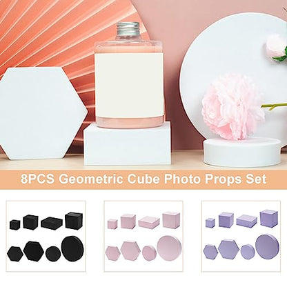 Ragyzity 8PCS Product Photography Photo Props, Geometric Cube Photo Props Set, Hard Foam Geometric Shapes, Stereo Hard Foam Decorative Backdrop for Goods, Crafts, Lipstick, Jewelry, Cosmetics, Black