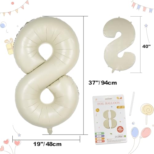 CARGEN 40 Inch Creamy White Number 8 Balloon, Large Beige Foil Mylar Digital 0-9 for Birthday Decorations, Boho Neutral Party Supplies, Wedding Anniversary Photo Props, Helium or Air Fill - style: Number 8