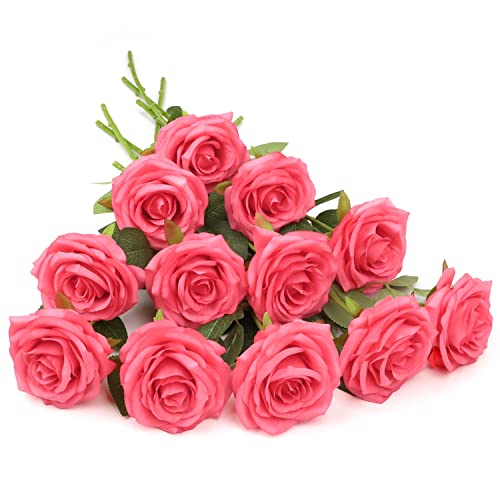 LVEFIT Artificial Rose Flower Coral Flowers Silk Flowers 12 pcs with Long Stem Silk Roses Bouquet for Wedding Bridal Shower Party Home Decoration - color: Coral, size: 12pcs