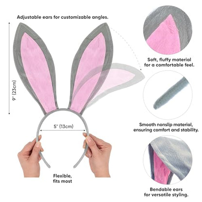 Funcredible Bunny Ears Headband & Hairtie Set – Gray Rabbit Ear Headband with Brown Floppy Scrunchie – Costume Headwear for Women and Men
