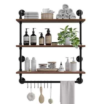 ROGMARS Industrial Pipe Shelving Bathroom Shelves with Towel bar, 24 in Rustic Floating Shelves Pipe Wall Shelf,3 Tier Wall Mounted Shelves with Hook - color: Rustic Brown, size: 24 inch 3 tier