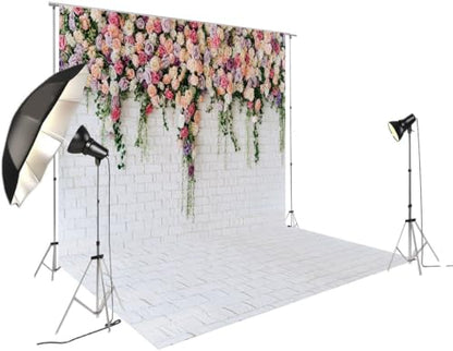 10X10FT White Brick with Flowers Backdrop Occasions Mother's Day Wedding Bridal Shower Birthday Party Banner Background Supplies DH-357 - size: 10X10FT