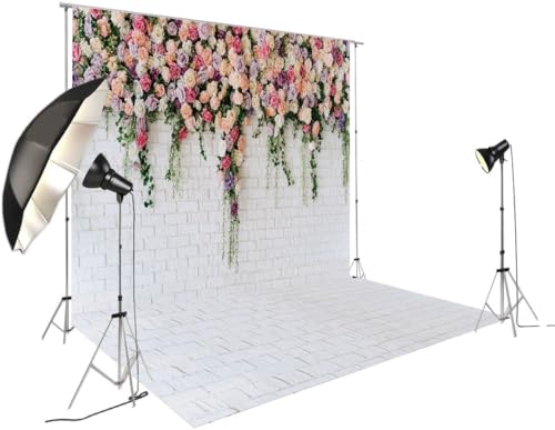10X10FT White Brick with Flowers Backdrop Occasions Mother's Day Wedding Bridal Shower Birthday Party Banner Background Supplies DH-357 - size: 10X10FT