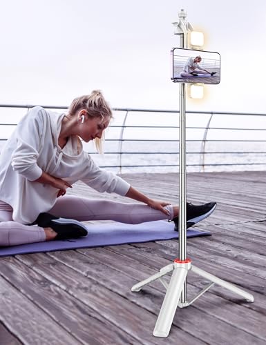 Selfie Stick Tripod with 2 Light, 3 Light Modes & 6 Brightness Levels Extendable Phone Tripod with Detachable Remote & Phone Holder, Portable Camera Tripod Compatible with iphone16 15 14 13/Android - color: White