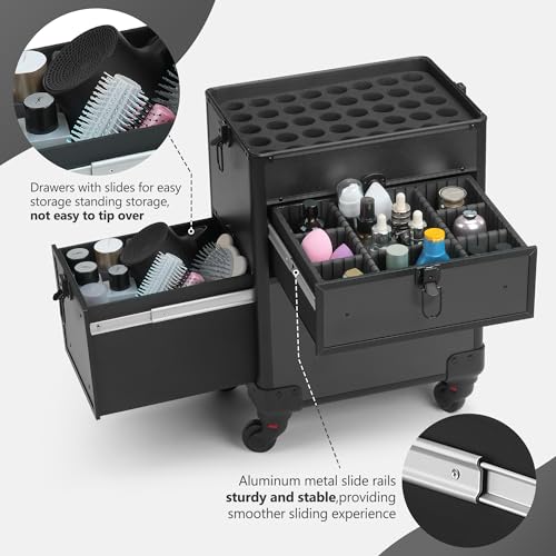 Somduy 4 in 1 Rolling Makeup Case on Wheels with Drawer and Professional Cosmetic Organizers for Salon Barber - Bright Black - color: Bright Black