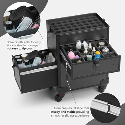Somduy 4 in 1 Rolling Makeup Case on Wheels with Drawer and Professional Cosmetic Organizers for Salon Barber - Bright Black - color: Bright Black