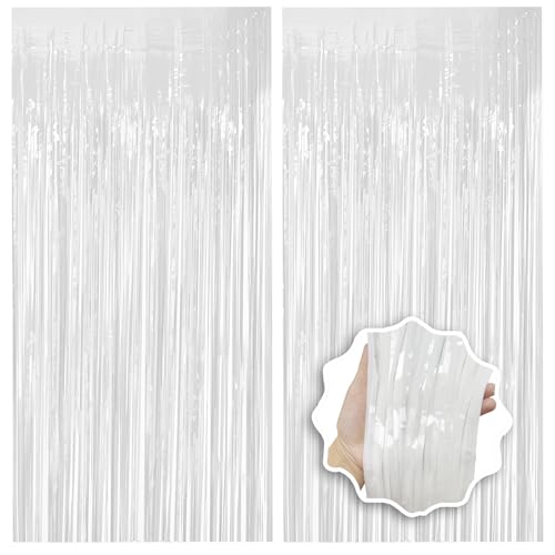 White Foil Fringe Backdrop Curtain 2 Pack 3.3x8.2 Ft, White Tinsel Streamers Birthday Party Decorations Fringe Backdrop for Birthday Graduation Christmas Halloween Baby Shower Gender Reveal - color: White