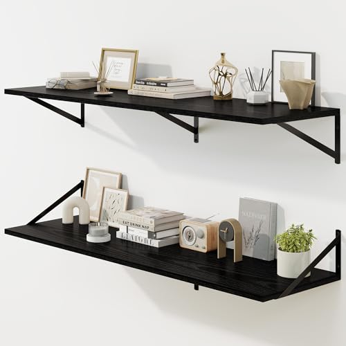 Fun Memories Floating Shelves for Wall, 12 Inch Deep Floating Shelves Set of 2, 48W x 12D Large Wall Shelf with Sturdy Metal Brackets for Living Room, Bathroom, Bedroom and Kitchen, Black - color: A-black, size: 48"W x 12"D